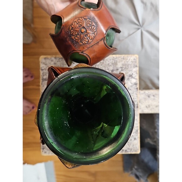 Vintage Embossed Leather Wrapped over Green Glass Decanter With Cork Stopper - Picture 6 of 11